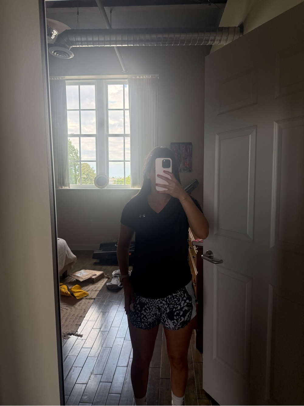 Under Armour Black Tee with Black and White Printed Athletic Shorts
